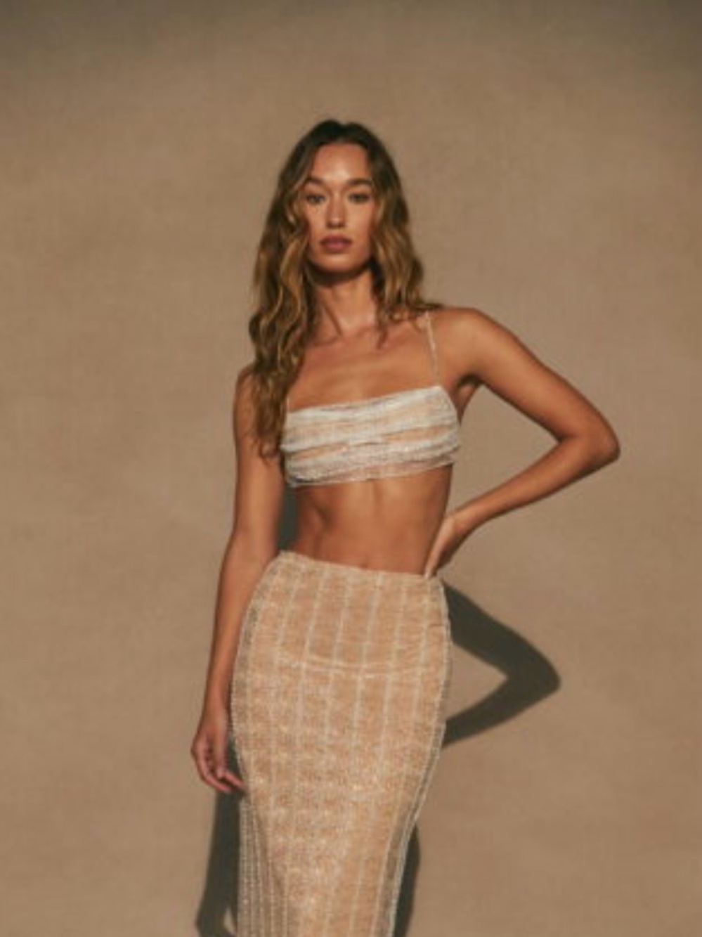 Camila Coelho Beige Tweed Maxi Skirt Set